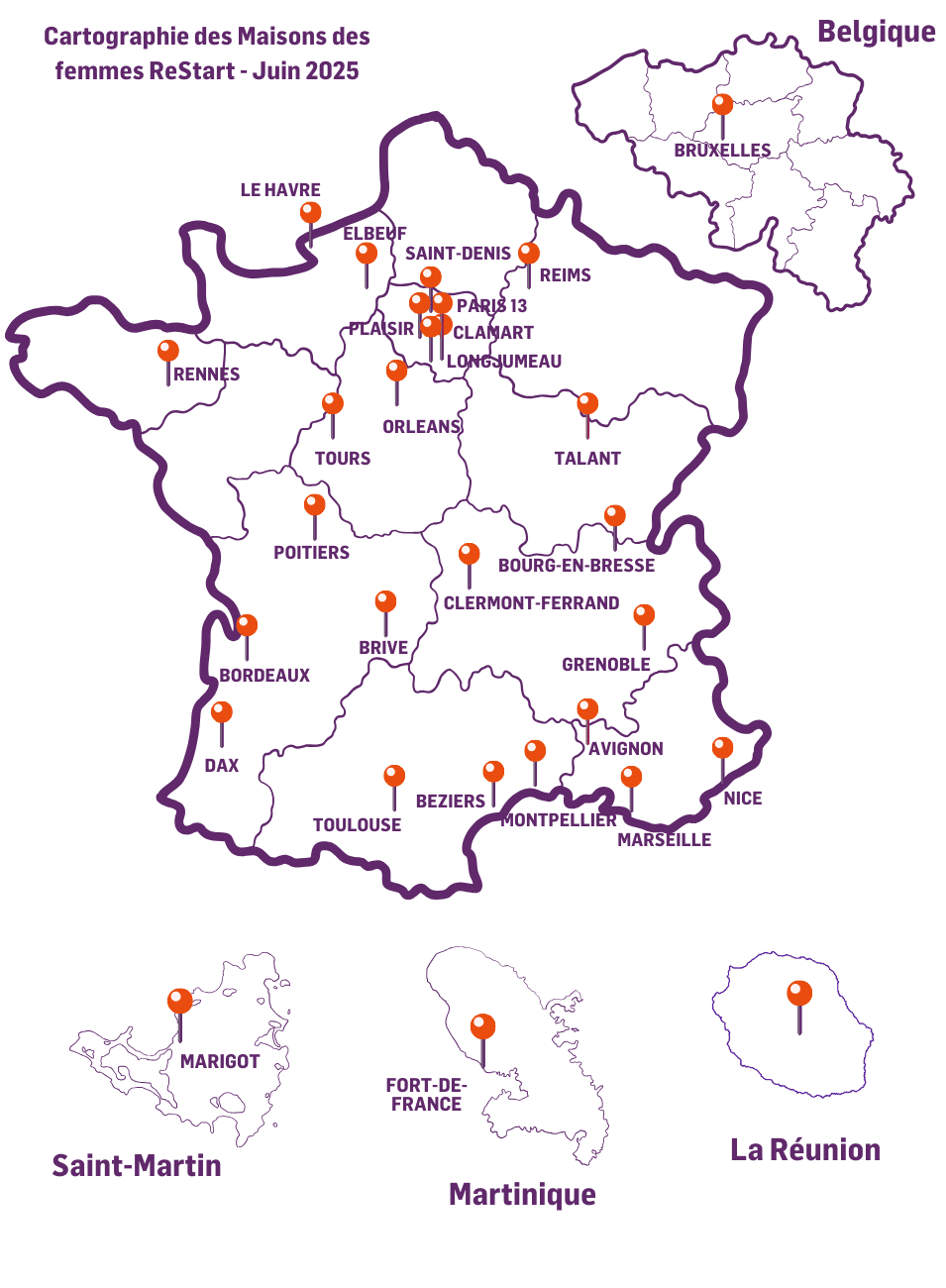 Carte indiquant les villes où se trouvent une antenne du réseau de la Maison des Femmes