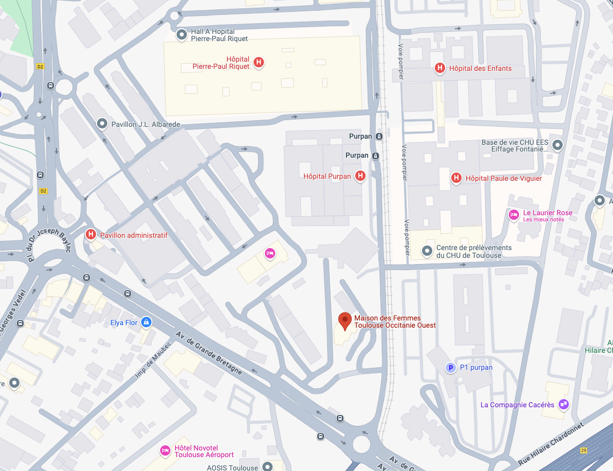 Capture d'écran de Google Maps montrant la localisation de la Maison des Femmes de Toulouse, avenue Jean Dausset, 31000 Toulouse, à l'entrée du CHU Purpan